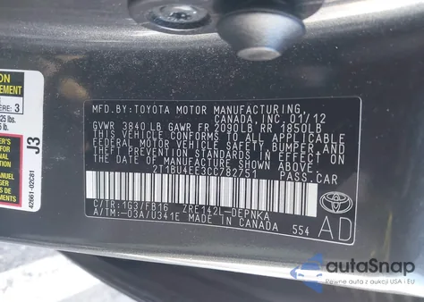 2012 Toyota Corolla Le z USA, uszkodzony, nr VIN 2T1BU4EE3CC782751